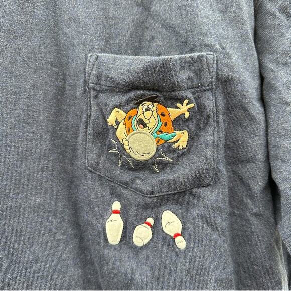 Vintage Warner Bros Studio Fred Flintstone Bowling Embroidered Blue T Shirt XXL - Picture 3 of 7